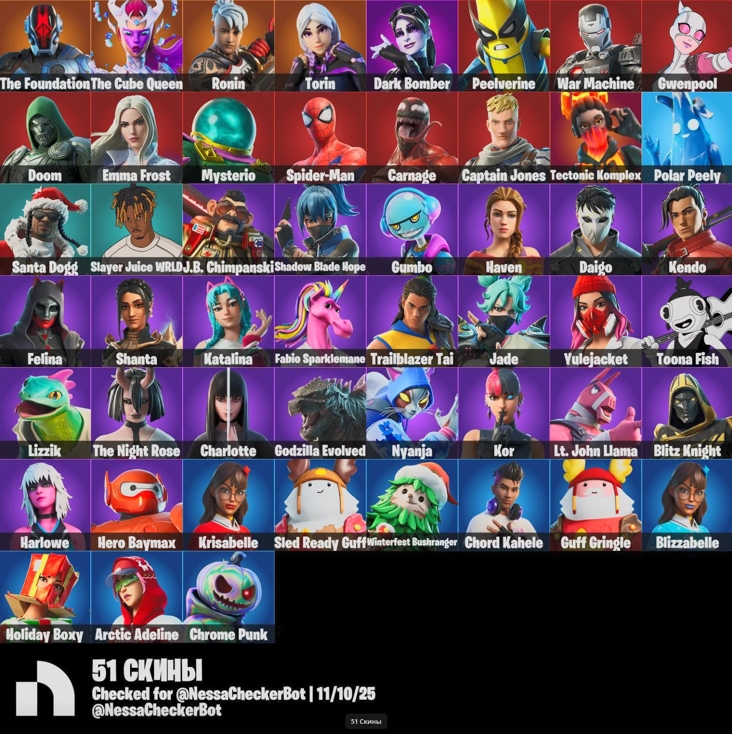  🟢[PC/PSN/XBOX] 51 Skins  🟢 J.B. Chimpanski  🟢 Krisabelle  🟢 Shadow Blade Hope  🟢Sled Ready Guff  🟢 Gumbo🟢Tectonic Komplex🟢
